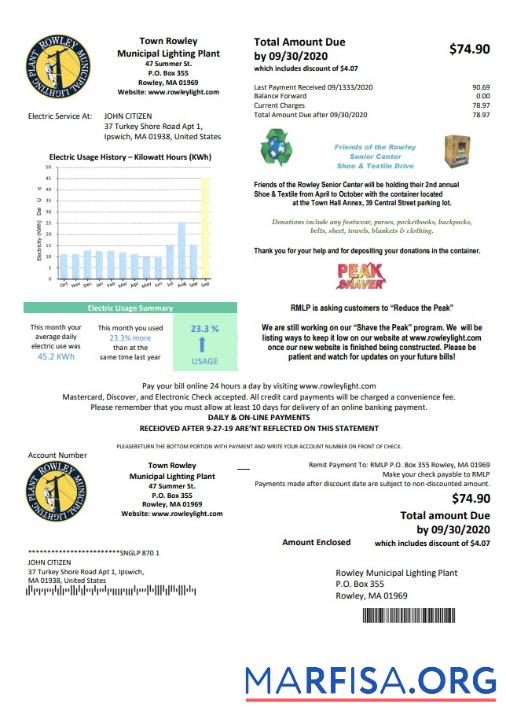 Printable USA Massachusetts Town of Rowley Municipal Lighting Plant electricity utility bill template in Word and PDF format
